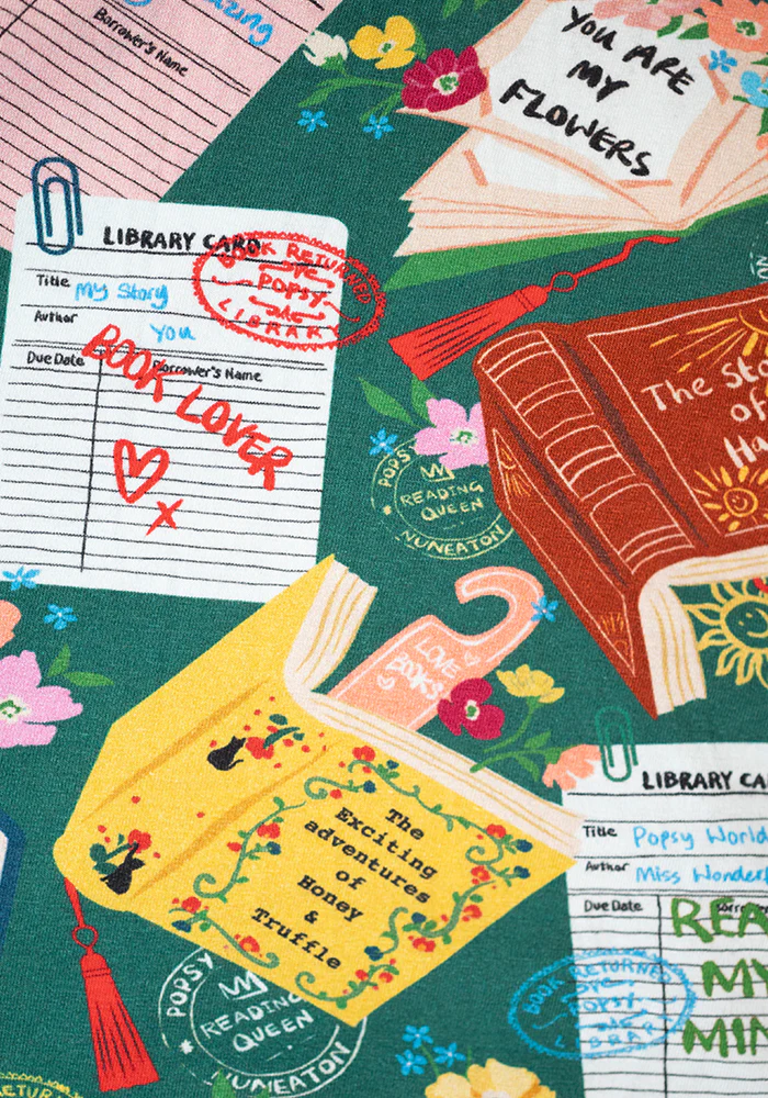 Library Books Print Tapered Leg Cotton Pyjama Set (Teal) - Image 2