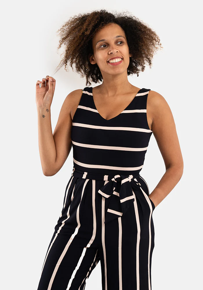 Lydia Navy & Light Pink Stripe Viscose Culotte Jumpsuit - Image 3