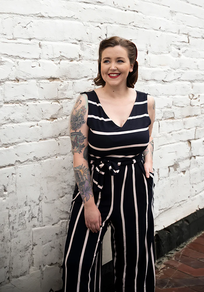 Lydia Navy & Light Pink Stripe Viscose Culotte Jumpsuit - Image 4