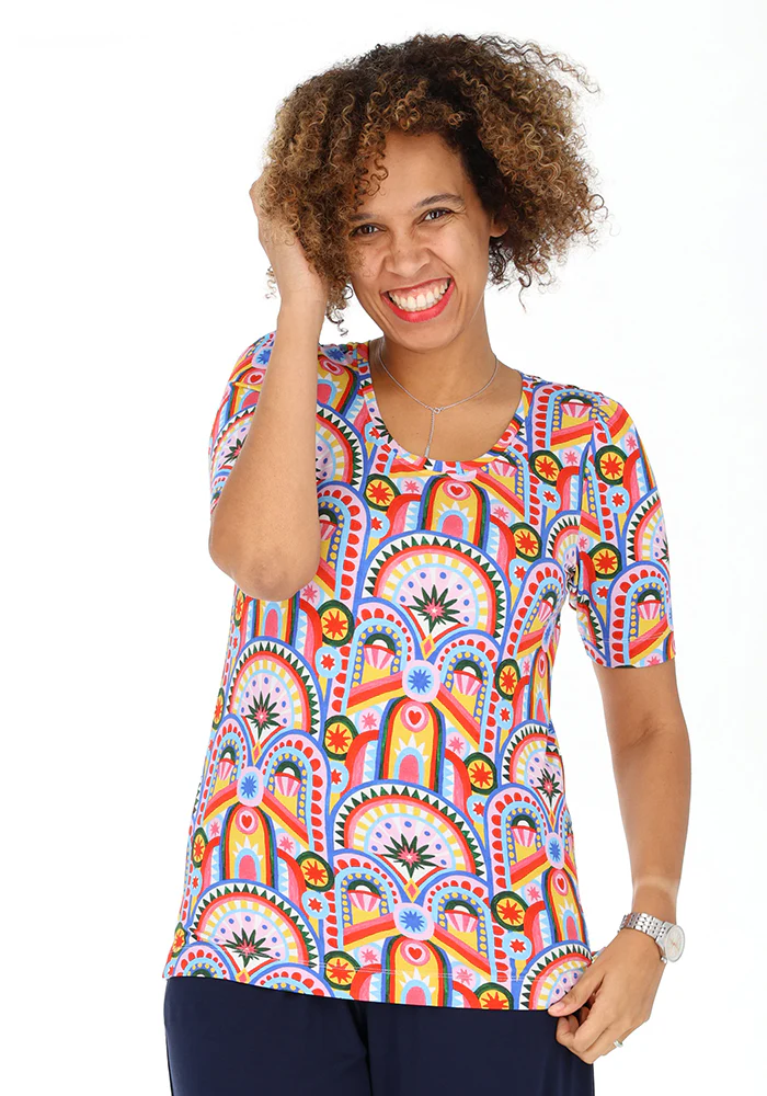 Makena Hand Painted Deco Print Round Neck Viscose Top