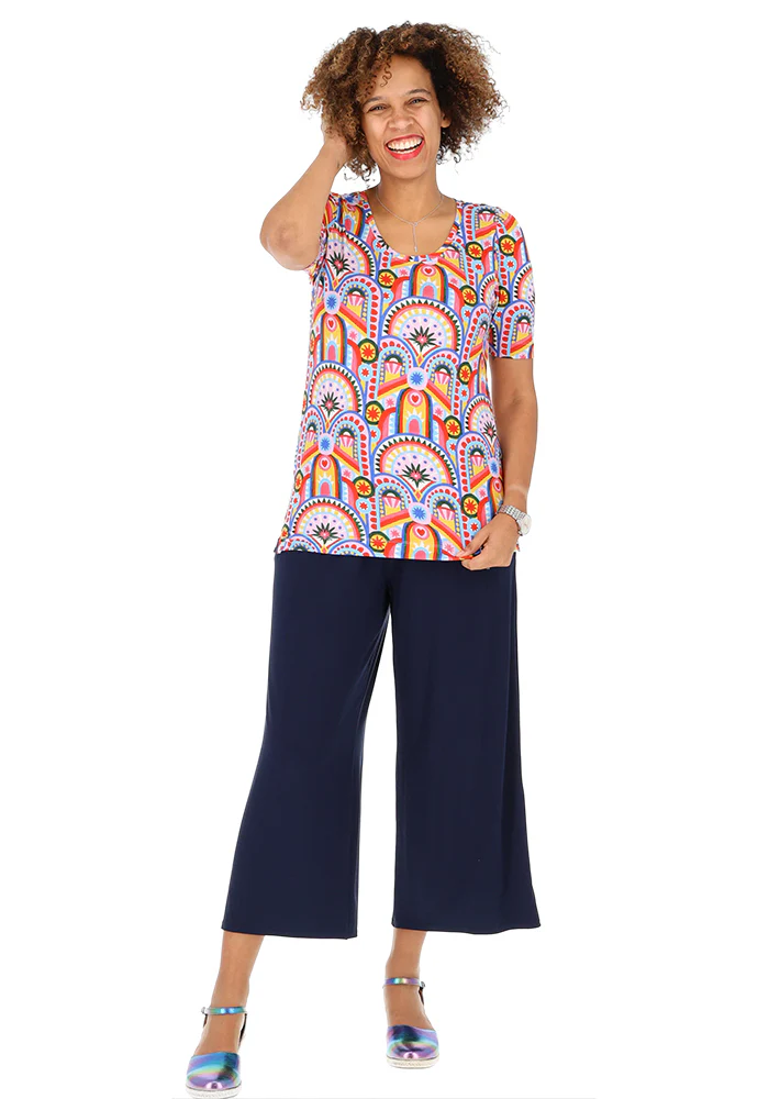 Makena Hand Painted Deco Print Round Neck Viscose Top - Image 2