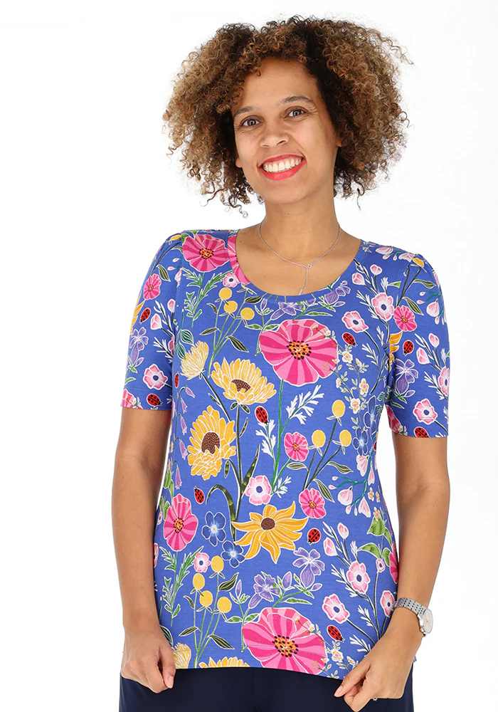 Makena Ladybird Floral Summer Blue Print Viscose Top - Image 3