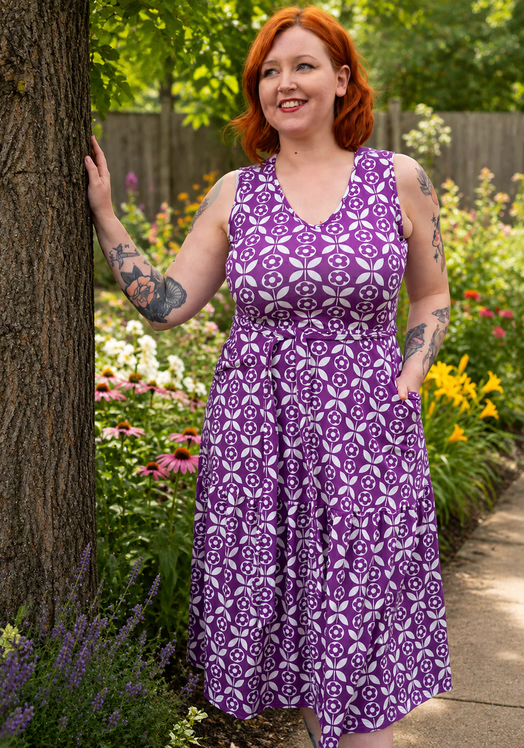 Marlena Purple Retro Flower Print Summer Cotton Midi Dress