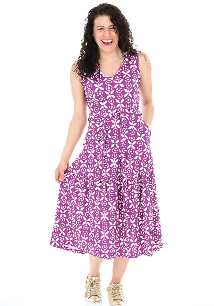 Marlena Purple Retro Flower Print Summer Cotton Midi Dress - Image 3
