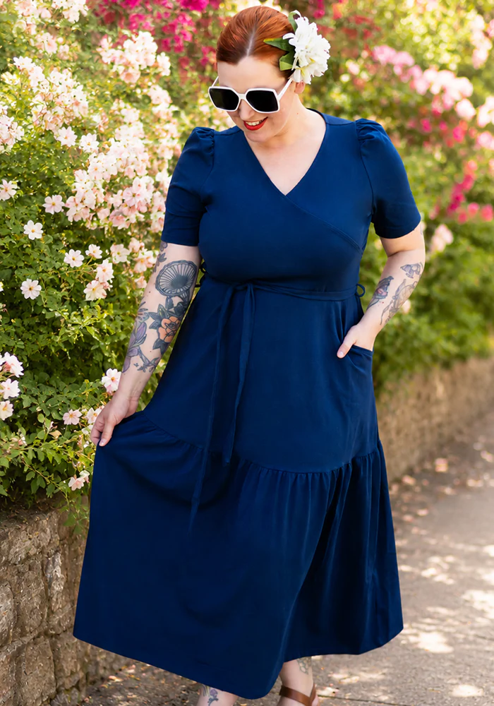 Marlene Navy Tiered Hem Cotton Midaxi Dress - Image 3
