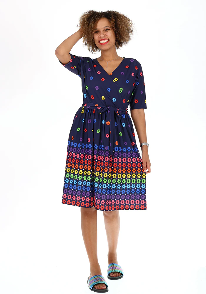 Maybel Retro Flower Border Print Jersey Dress