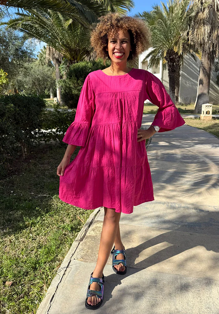 Mayliss Pink Textured Woven Cotton Tiered Dress