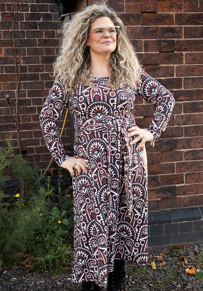 Minna Brown Hand Painted Deco Print Midi Dress
