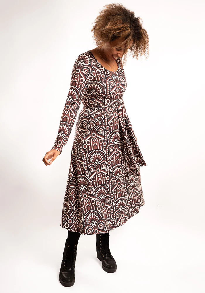Minna Brown Hand Painted Deco Print Midi Dress - Image 6