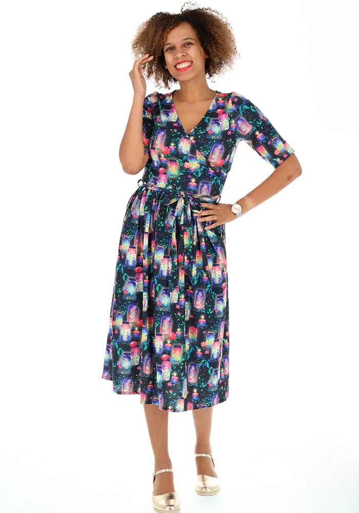 Nura Illuminated Jars & Candles Print Midi Dress