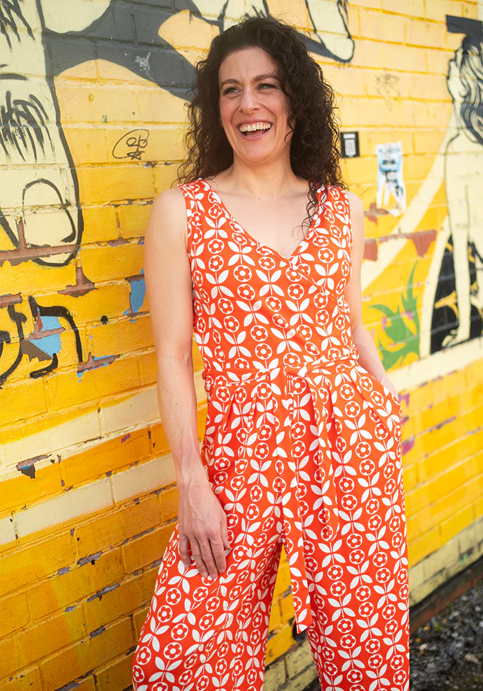 Ottavia Orange Retro Flower Print Cotton Culotte Jumpsuit - Image 7