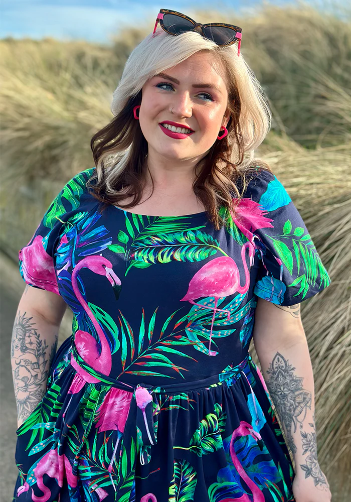 Patsy Flamingo Print Cotton Midaxi Dress (Navy) - Image 3