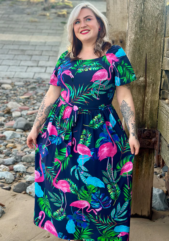 Patsy Flamingo Print Cotton Midaxi Dress (Navy) - Image 4