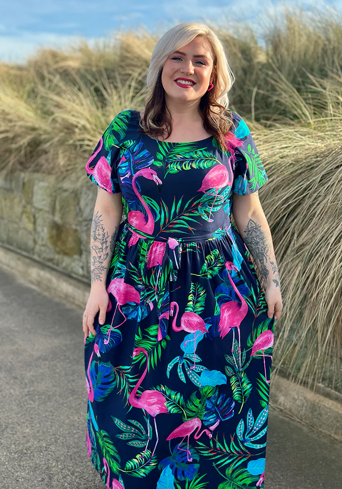 Patsy Flamingo Print Cotton Midaxi Dress (Navy) - Image 5