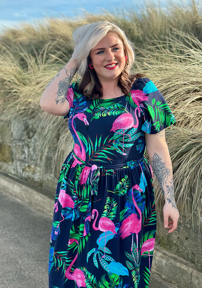 Patsy Flamingo Print Cotton Midaxi Dress (Navy) - Image 6