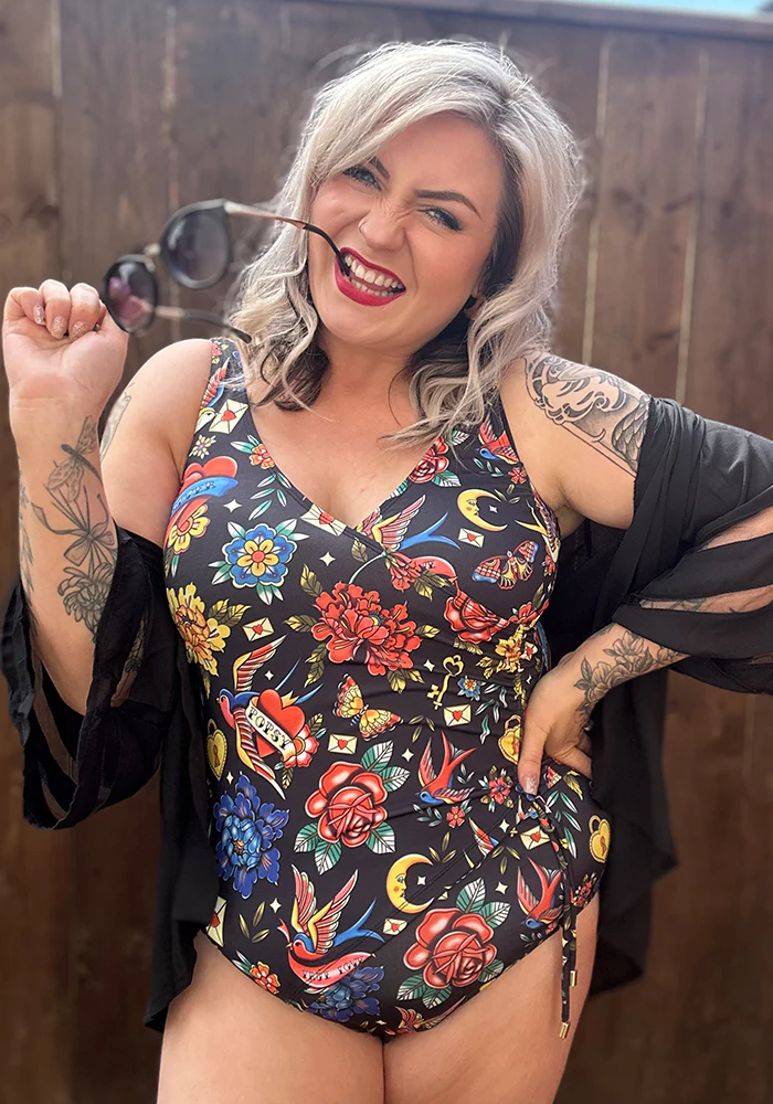 Tattoo Print Side Ruched Swimsuit