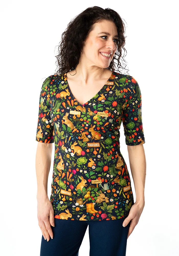 Rabbit Garden Print Cotton Wrap Neck Top - Image 5