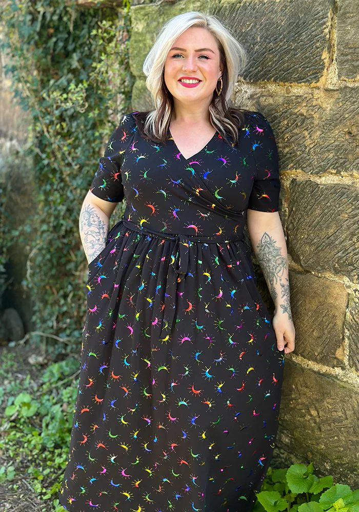 Viviana Rainbow Foil Moons Print Cotton Midaxi Dress