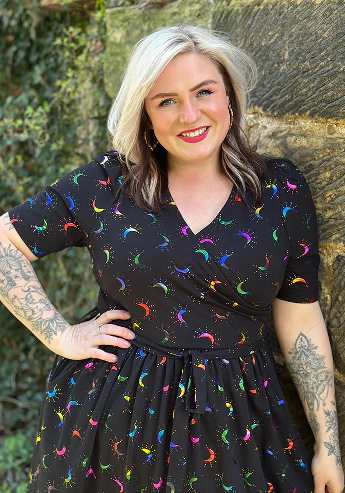 Viviana Rainbow Foil Moons Print Cotton Midaxi Dress - Image 10