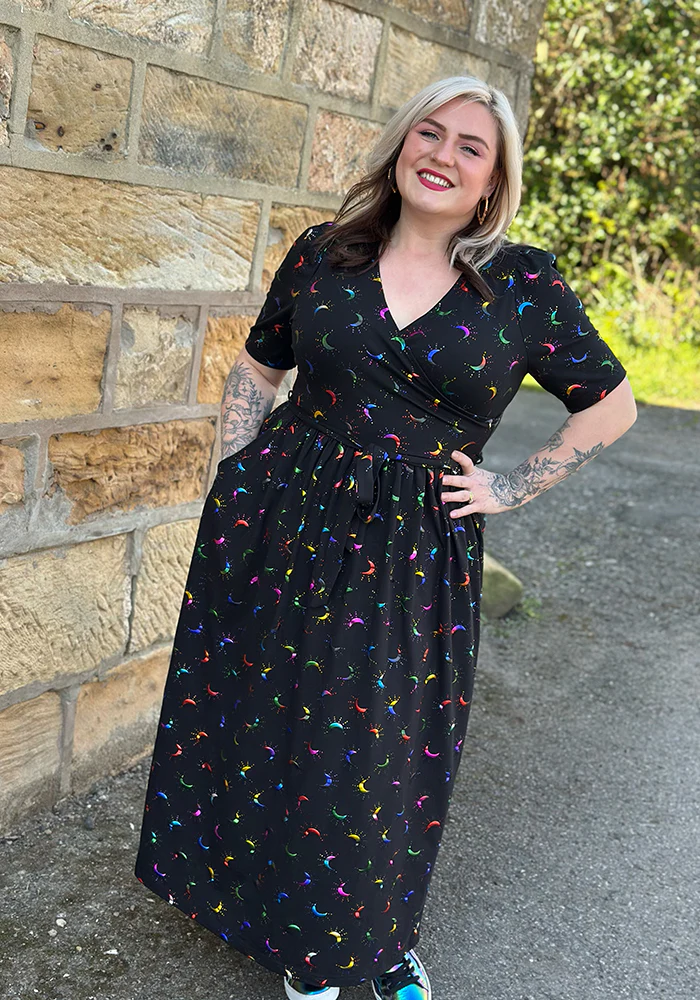 Viviana Rainbow Foil Moons Print Cotton Midaxi Dress - Image 4