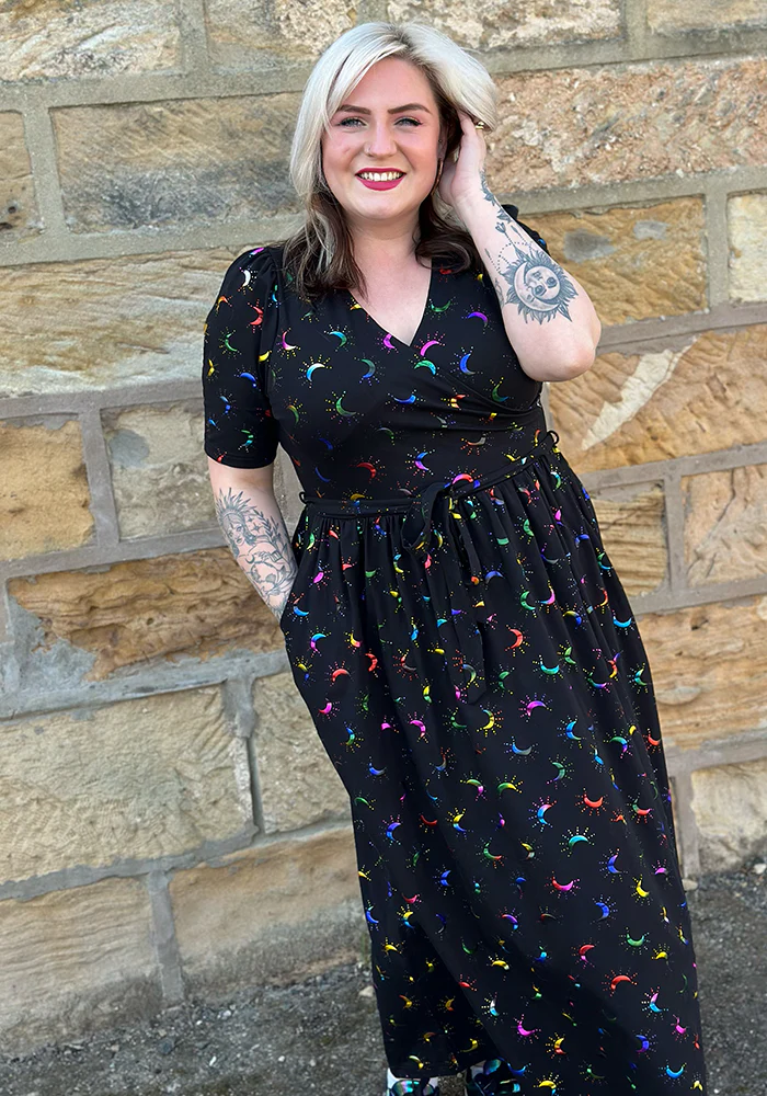 Viviana Rainbow Foil Moons Print Cotton Midaxi Dress - Image 6