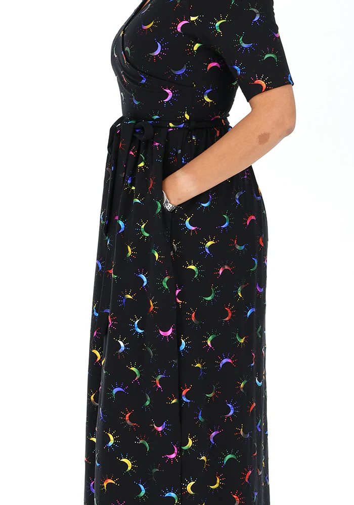 Viviana Rainbow Foil Moons Print Cotton Midaxi Dress - Image 7