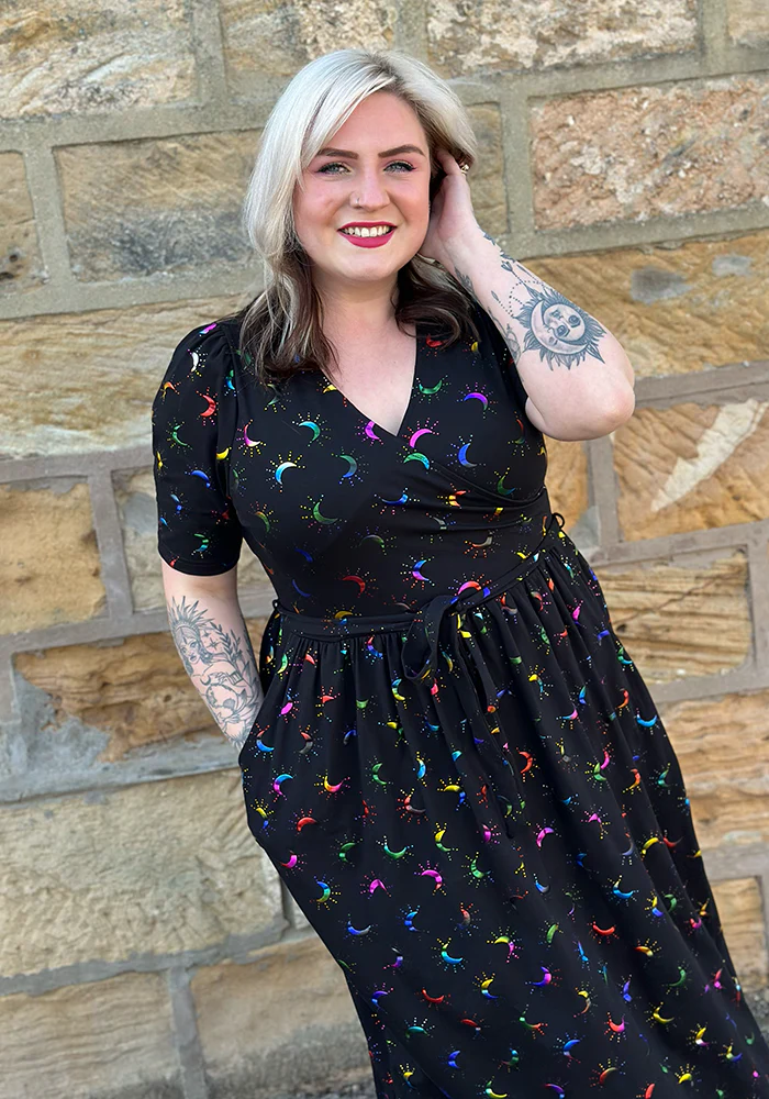 Viviana Rainbow Foil Moons Print Cotton Midaxi Dress - Image 8