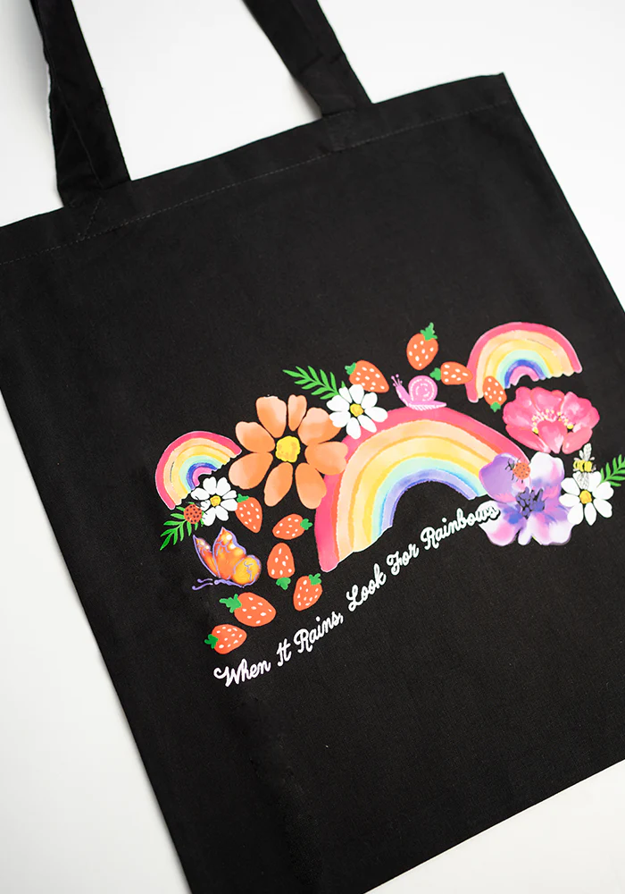 Rainbow Print Cotton Canvas Bag - Women's Tote Bag (Black) - Image 2