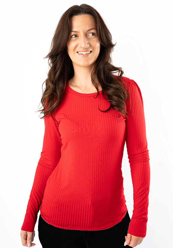 Red Ribbed Long Sleeve Top