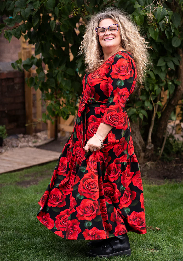 Rosine Red Rose Print Cotton Midaxi Dress - Image 9
