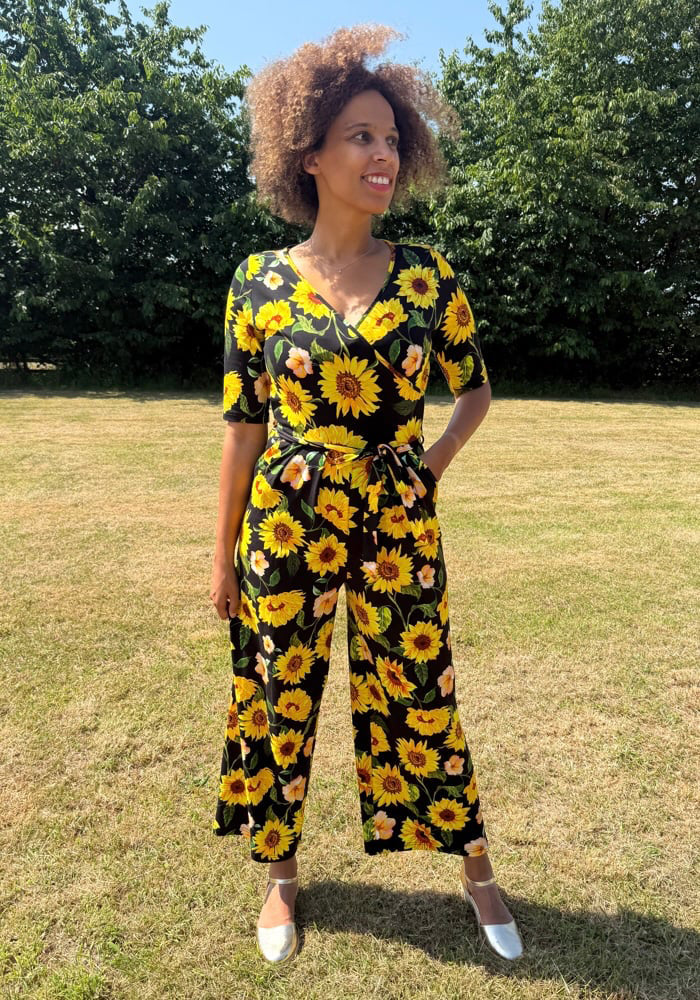 Roxie Black Sunflower Print Cotton Culotte Jumpsuit - Image 3