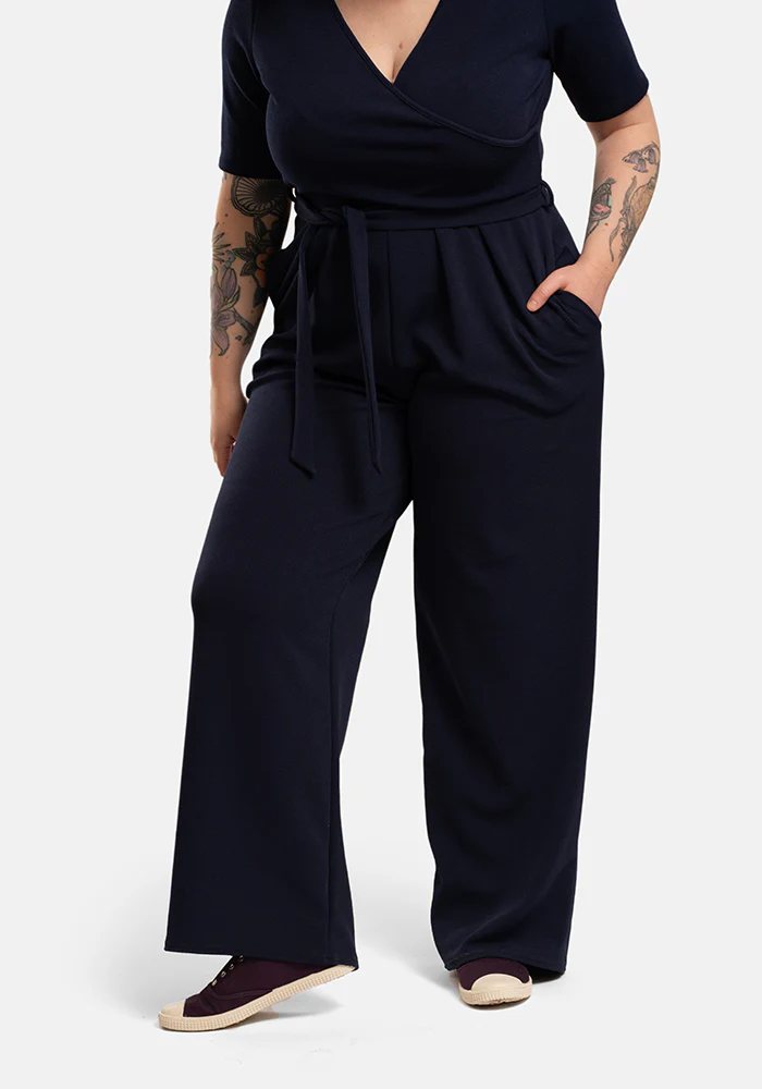 Sade Plain Navy Full Length Wide Leg Jumpsuit - Image 3
