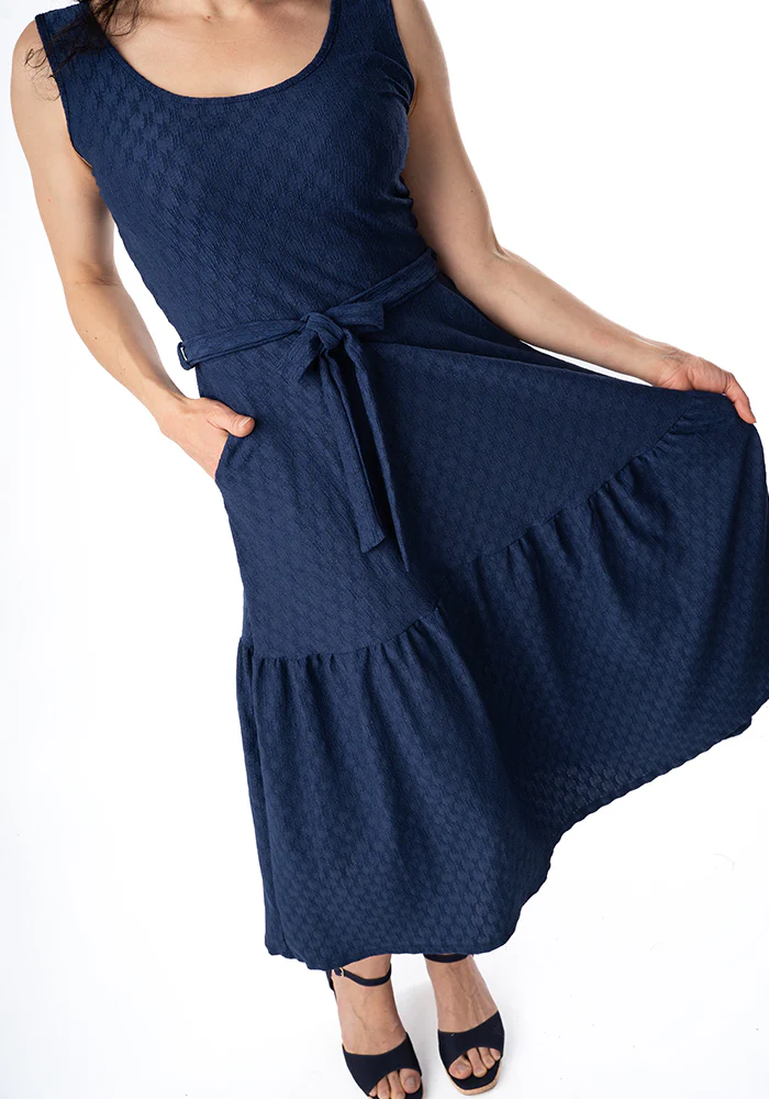 Shae Navy Oval Textured Tiered Hem Midi Dress - Image 6