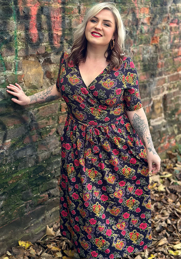 Stephie Navy Lock and Key Tattoo Print Cotton Midi Dress