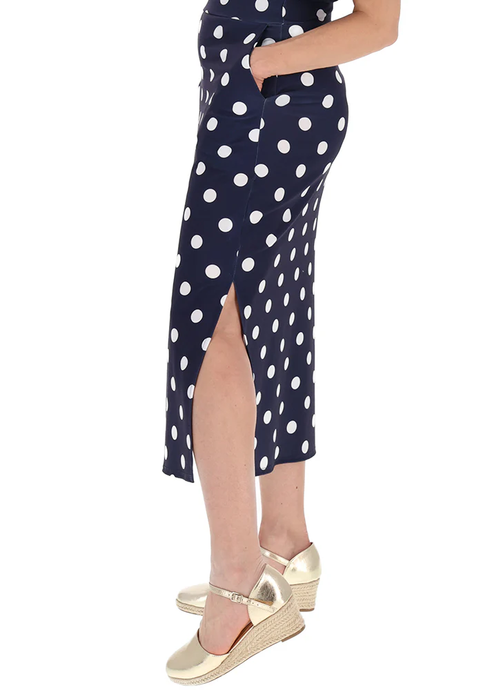 Sullie Polka Dot Midi Length Jersey Skirt (Navy & White)