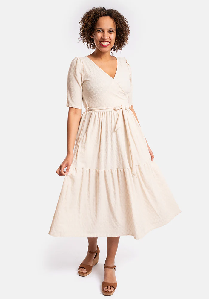 Tate Cream Oval Textured Tiered Hem Midi Dress