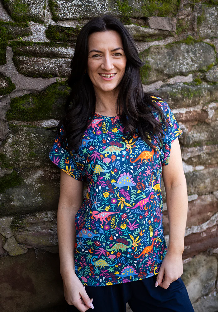 Tess Teal Dinosaur Print Extended Shoulder Top