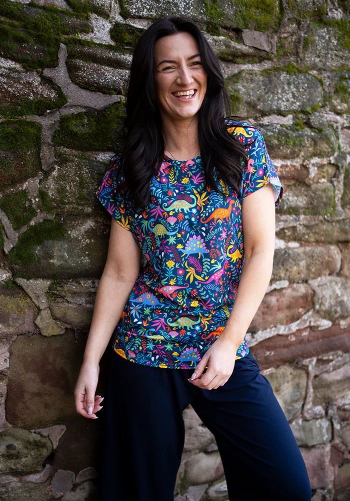 Tess Teal Dinosaur Print Extended Shoulder Top - Image 3
