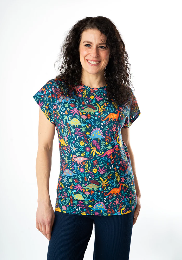 Tess Teal Dinosaur Print Extended Shoulder Top - Image 4