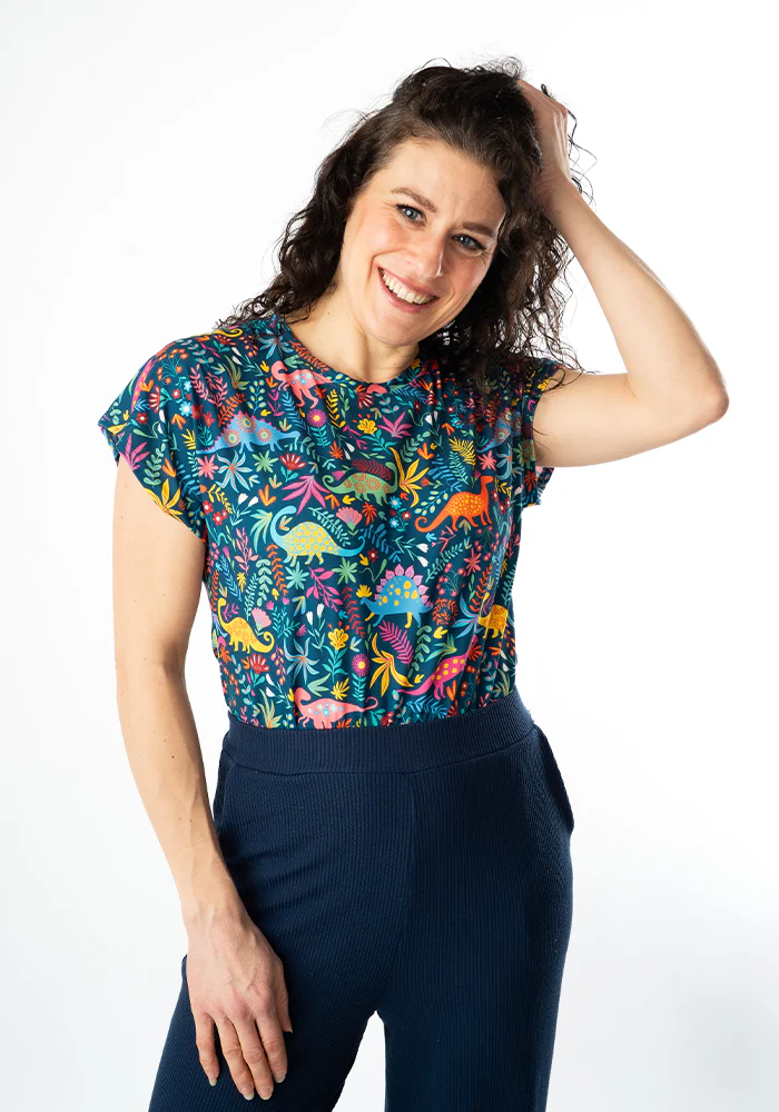 Tess Teal Dinosaur Print Extended Shoulder Top - Image 5