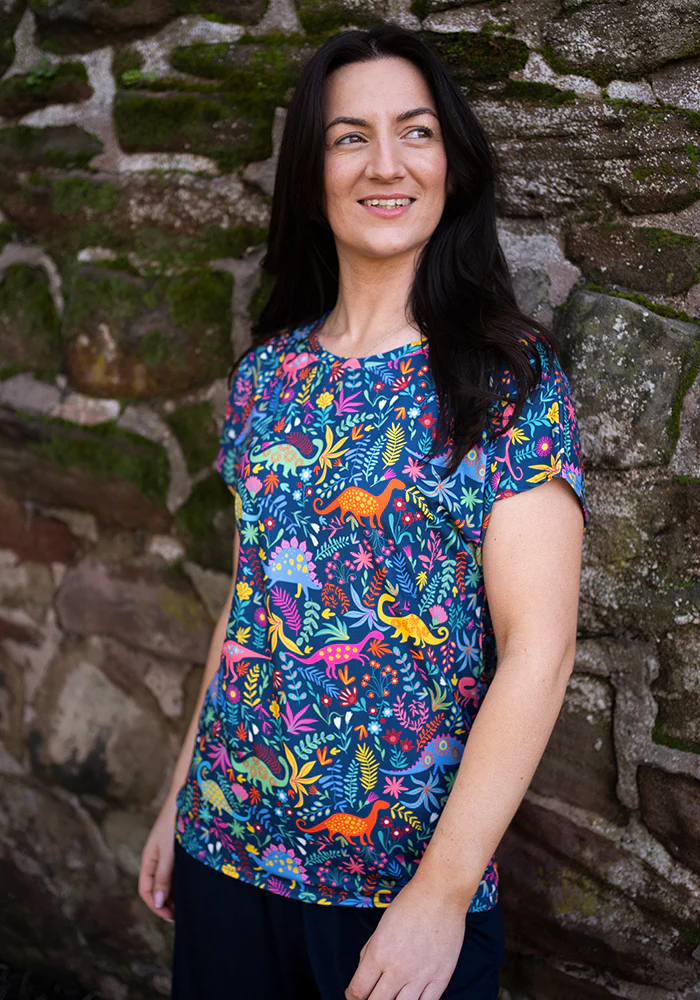 Tess Teal Dinosaur Print Extended Shoulder Top - Image 7