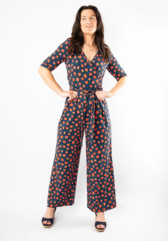 Thora Strawberry Print Cotton Culotte Leg Jumpsuit - Image 3