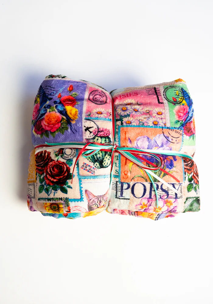 Vintage Stamp Print Plush Throw Blanket (Pop-Under)
