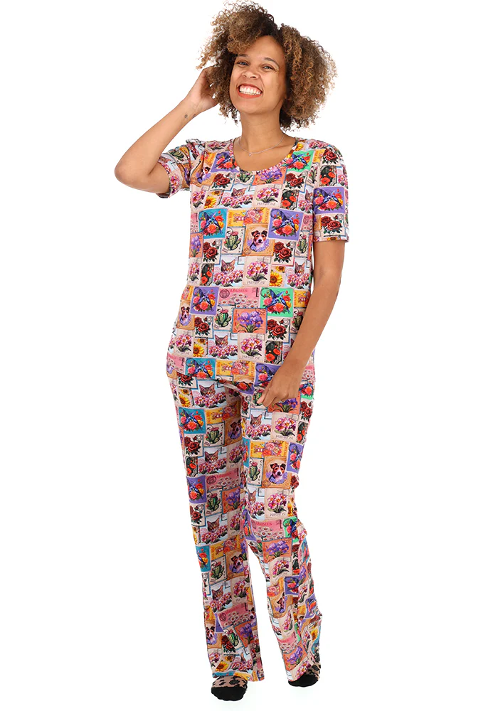 Vintage Stamp Print Straight Leg Cotton Pyjama Set - Image 3