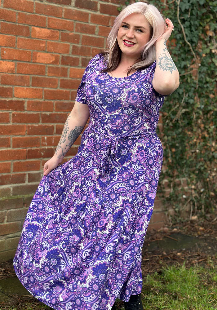 Vivianne Purple Retro Paisley Print Jersey Midaxi Dress - Image 5