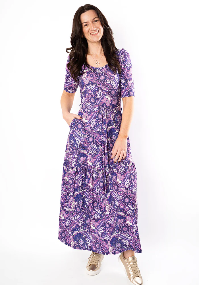 Vivianne Purple Retro Paisley Print Jersey Midaxi Dress - Image 8